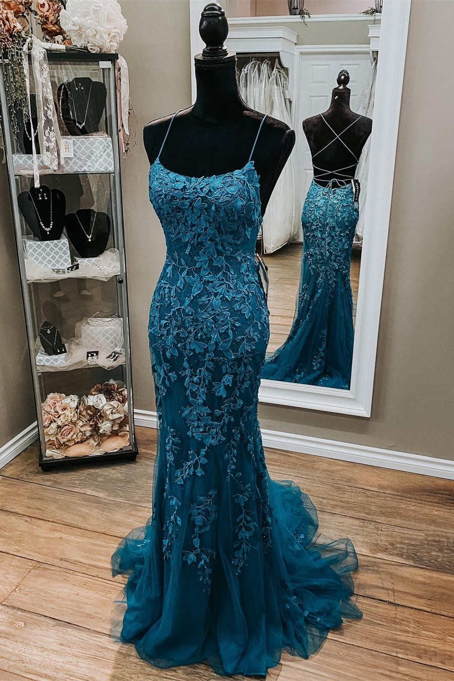 Unique Lace Appliques Long Prom Dress,Back Open Gala Formal Dresses