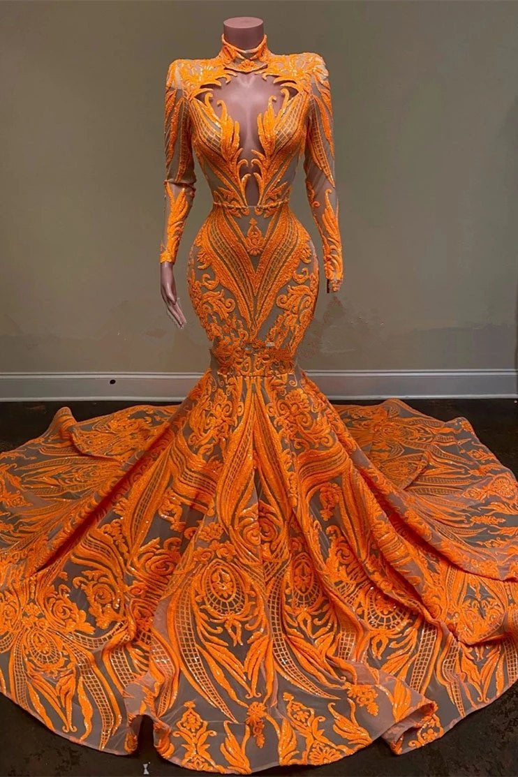 Unique Orange Long Sleeves Mermaid Prom Dress Sequins