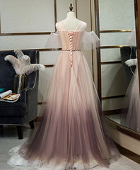 Unique Tulle Round Neck Lace Long Prom Dress Tulle Evening Dress