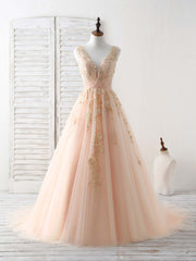 Unique V Neck Tulle Lace Applique Long Prom Dress, Evening Dress