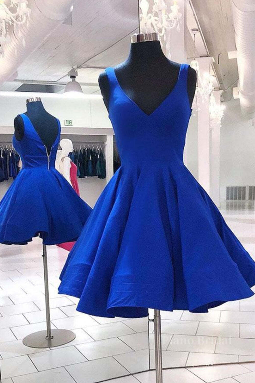 V Neck and V Back Short Blue Prom Dress, Open Back Blue Homecoming Dress, Blue Formal Evening Dress