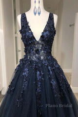 V Neck Beaded Black Lace Appliques Long Prom Dress, Black Lace Formal Graduation Evening Dress