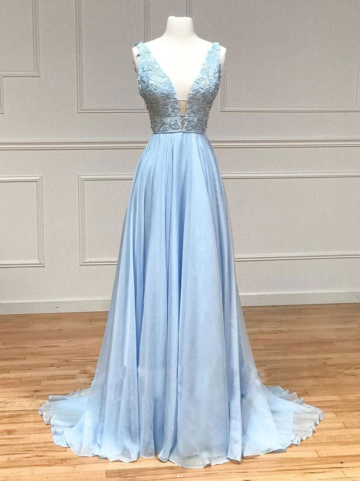 V Neck Blue Lace Prom Dresses, Blue V Neck Lace Formal Graduation Dresses