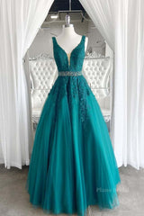 V Neck Dark Green Lace Prom Dresses, Dark Green Lace Formal Evening Dresses