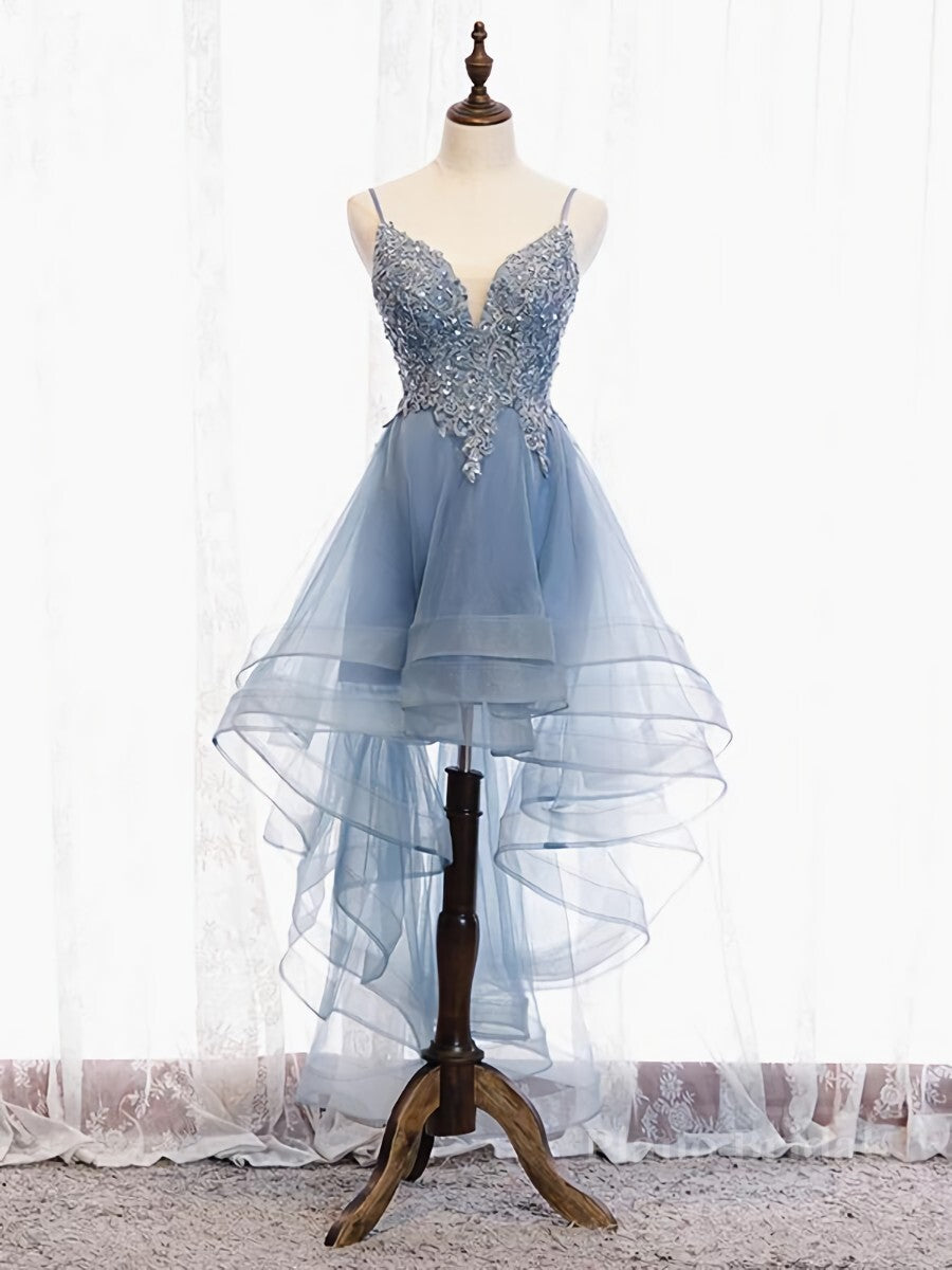 V Neck High Low Blue Lace Prom Dresses, Blue Lace High Low Formal Evening Graduation Dresses