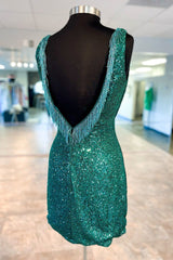 V-Neck Hunter Green Sequin Cutout Short Homecoming Dress