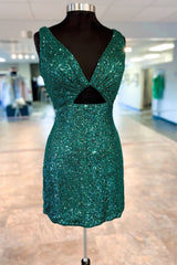 V-Neck Hunter Green Sequin Cutout Short Homecoming Dress