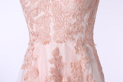 V-Neck Lace Applique Tulle A Line Peach Pink Prom Dresses