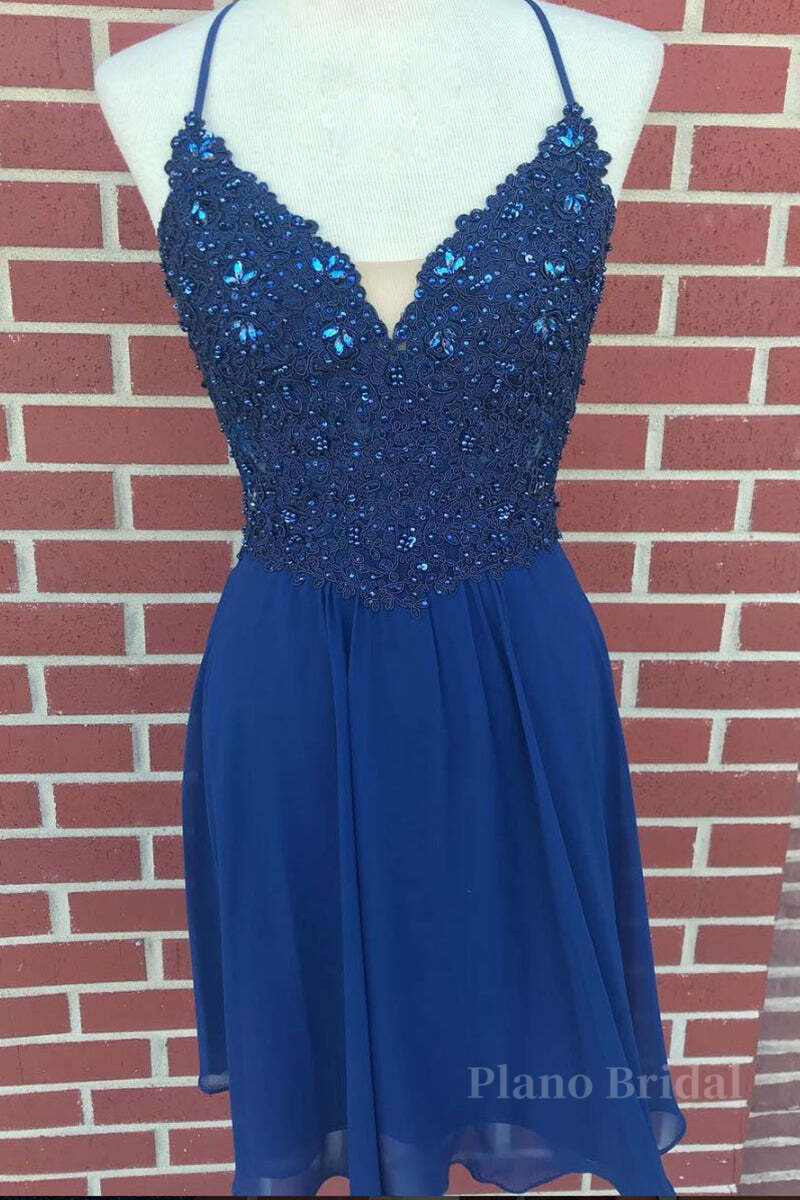 V Neck Lace Beaded Blue Homecoming Dresses Short Prom Dresses, Blue Lace Graduation Dresses, Blue Formal Dresses, Evening Dresses