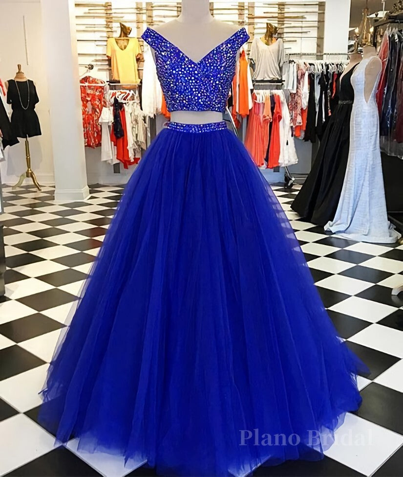 V Neck Off Shoulder 2 Pieces Beads Blue Tulle Long Prom Dress, Blue 2 Pieces Ball Gown, Evening Dress