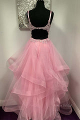 V Neck Open Back Pink Lace Puffy Tulle Long Prom Dresses, Pink Lace Formal Dresses, Pink Evening Dresses