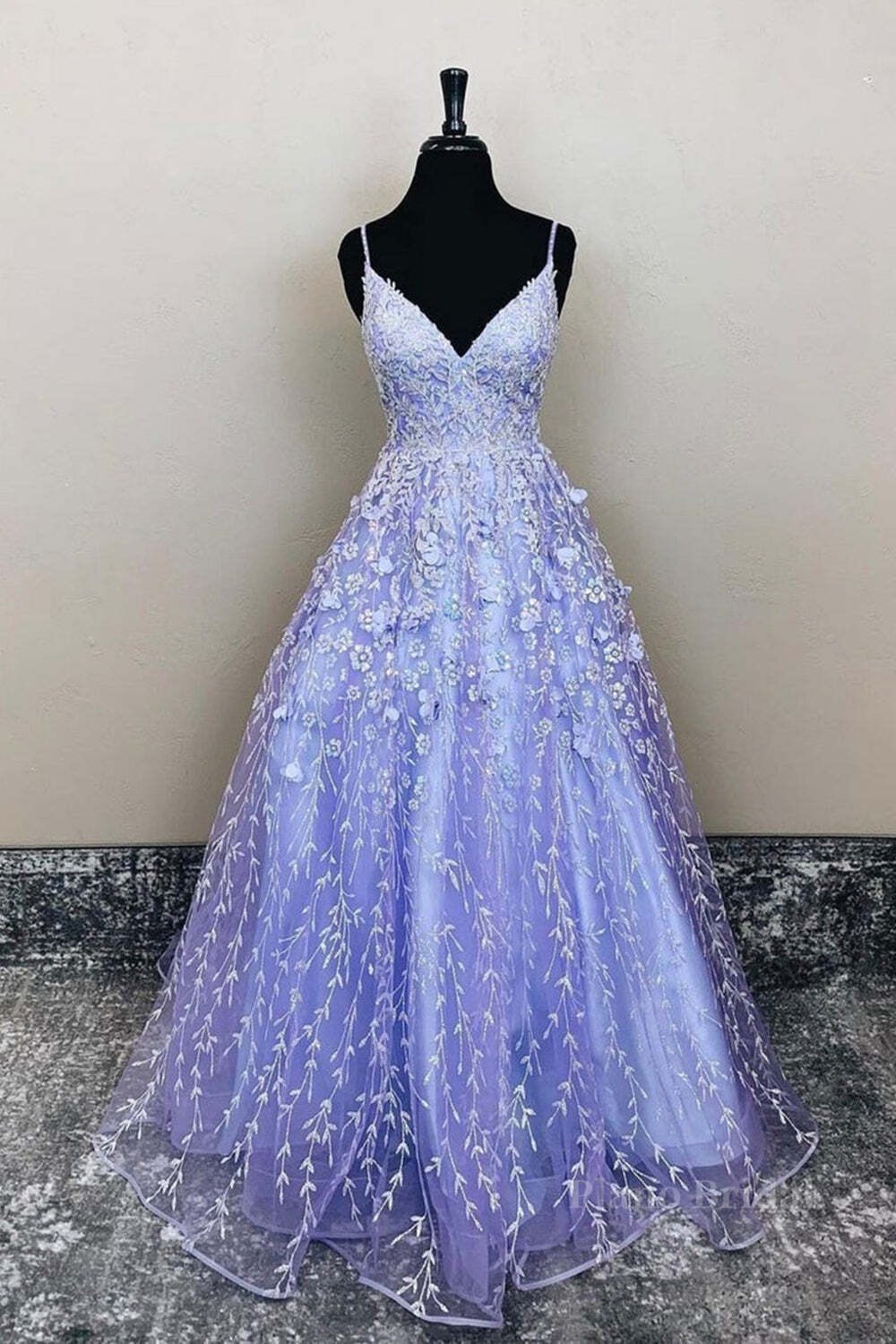 V Neck Open Back Purple Lace Floral Long Prom Dress, Purple Lace Floral Formal Evening Dress