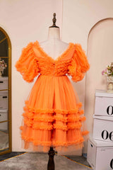 V-Neck Orange Ruffled Short Homecoming Dress with Puff Sleeves