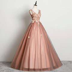 V-neckline Tulle Ball Gown Pink Sweet 16 Dresses, Ball Gown Lace Applique Quinceanera Dress