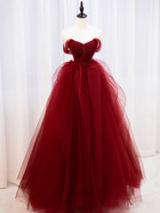 Burgundy Sweetheart Tulle Long Prom Dress with Beaded, Burgundy Party Dress