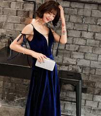 Velvet Straps Long V-neckline Long Party Dress, Velvet Bridesmaid Dresses