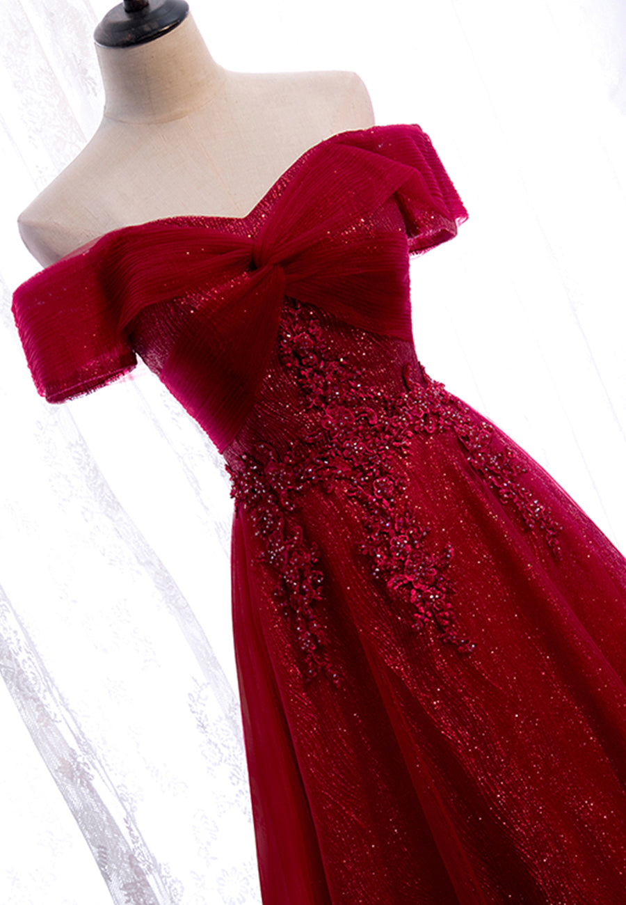 Burgundy Lace Long Prom Dresses, A-Line Off the Shoulder Evening Dresses