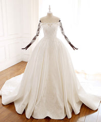 White Lace Satin Long Wedding Dress, Lace Satin Long Bridal Gown