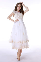 White Tulle Champagne Lace Tea Length Sleeveless Wedding Dresses