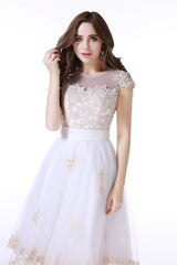 White Tulle Champagne Lace Tea Length Sleeveless Wedding Dresses