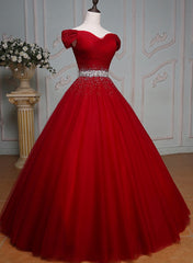 Wine Red Ball Gown Off Shoulder Beaded Party Dress, Tulle Off Shoulder Prom Dress