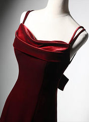 Wine Red Low Back Mermaid Formal Dress, Velvet Straps Long Prom Dress