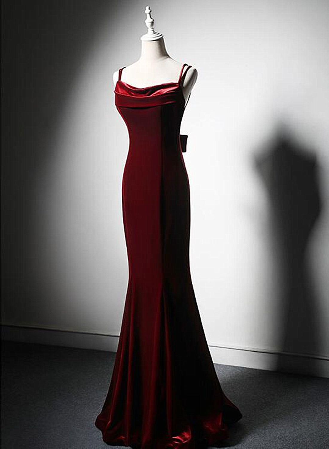 Wine Red Low Back Mermaid Formal Dress, Velvet Straps Long Prom Dress