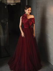 Wine Red Satin and Tulle A-line Simple Prom Dress, Floor Length Party Dress