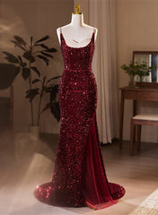 Wine Red Sequins Mermaid Long Formal Dress, Wine Red Evening Dress Party Dress