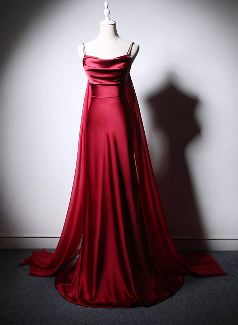 Wine Red Soft Satin Long Straps Long A-line Prom Dress, Wine Red Evening Dress