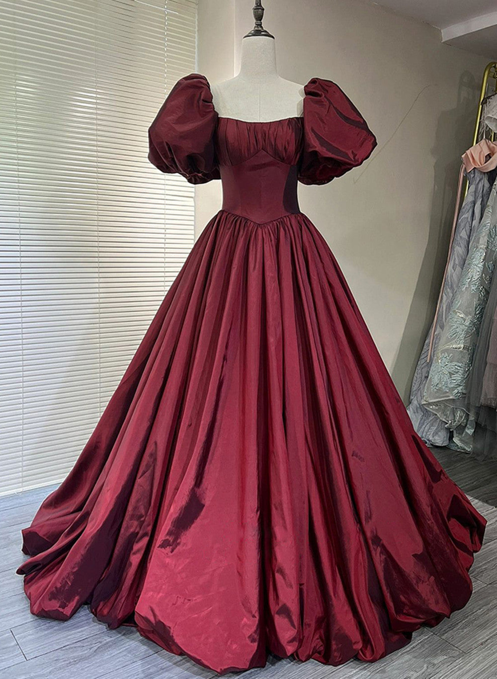 Wine Red Taffeta Short Sleeves Long Formal Dress, Wine Red Evening Dress Prom Dress