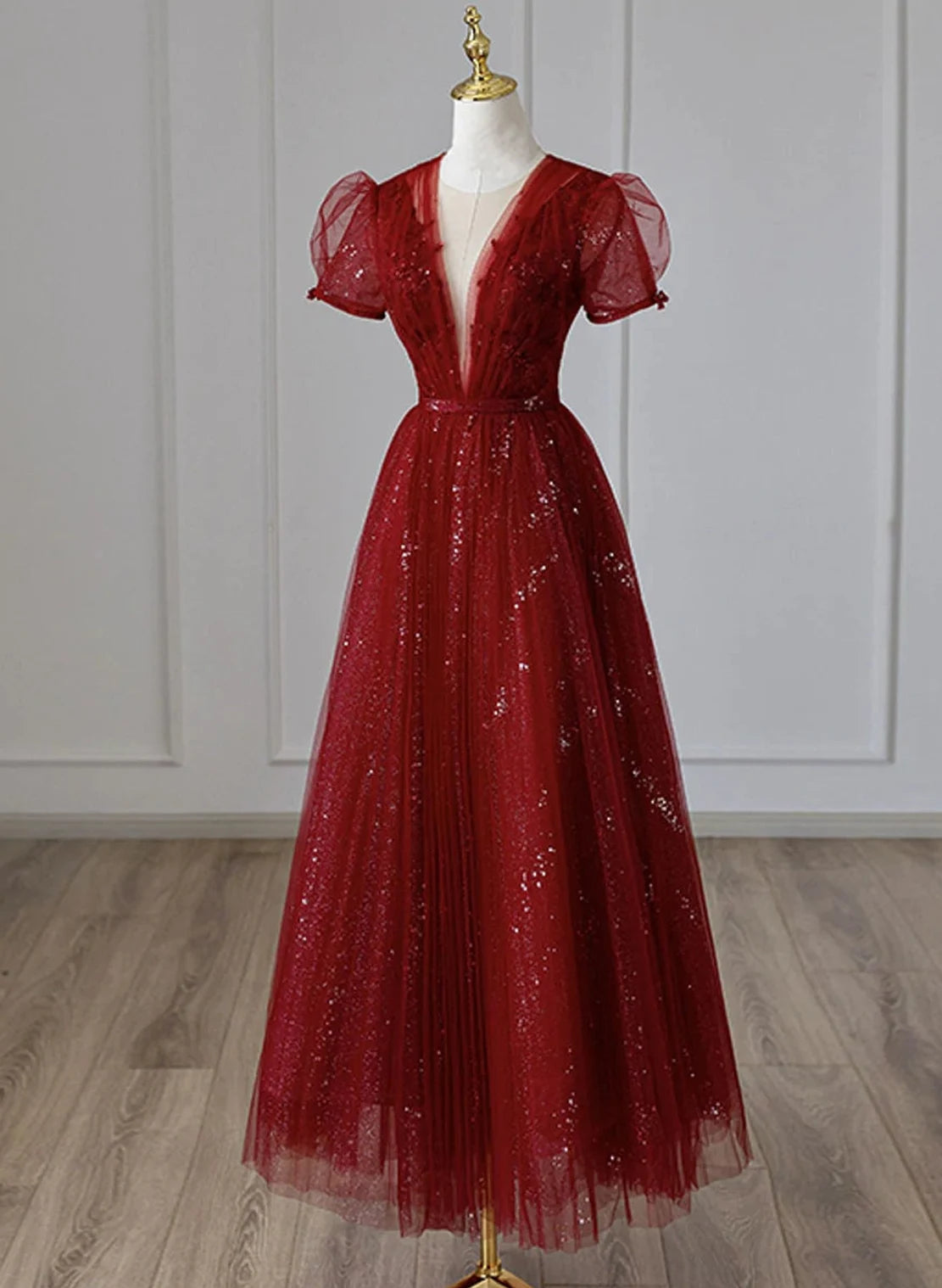 Wine Red Tulle Cap Sleeves Bridesmaid Dress, Wine Red Long Prom Dress