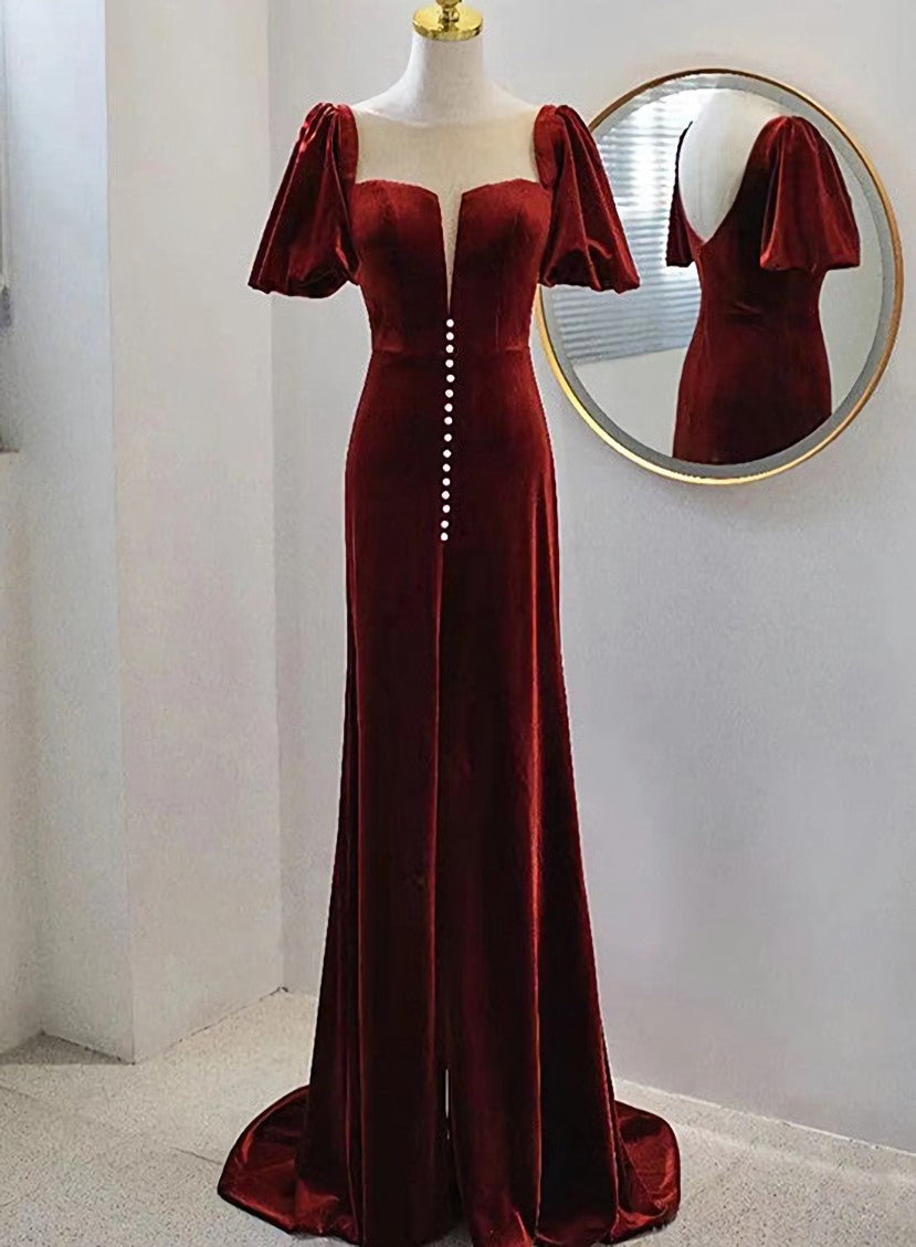 Wine Red Velvet Long Round Neckline Party Dress, Wine Red Prom Dresses