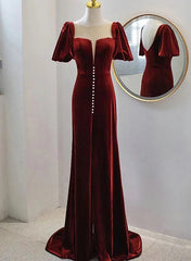 Wine Red Velvet Long Round Neckline Party Dress, Wine Red Prom Dresses