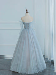 Dusty Blue Tulle Sequins Long Prom Dress, Off the Shoulder Long Sleeve Evening Party Dress