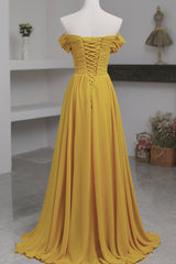 Yellow Chiffon Long A-Line Prom Dress, Simple Yellow Evening Dress with Slit