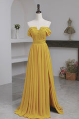 Yellow Chiffon Long A-Line Prom Dress, Simple Yellow Evening Dress with Slit