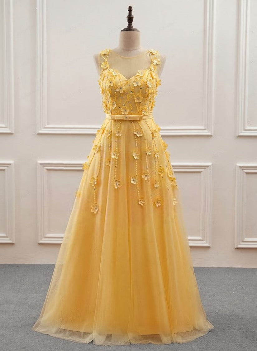 Yellow Flowers Tulle Long New Prom Dress, A-line Party Dress