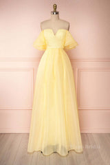 Yellow tulle off shoulder long prom dress yellow formal dress