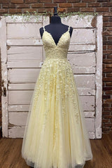 Yellow V-Neck Lace Long Prom Dress, A-Line Spaghetti Straps Evening Dress