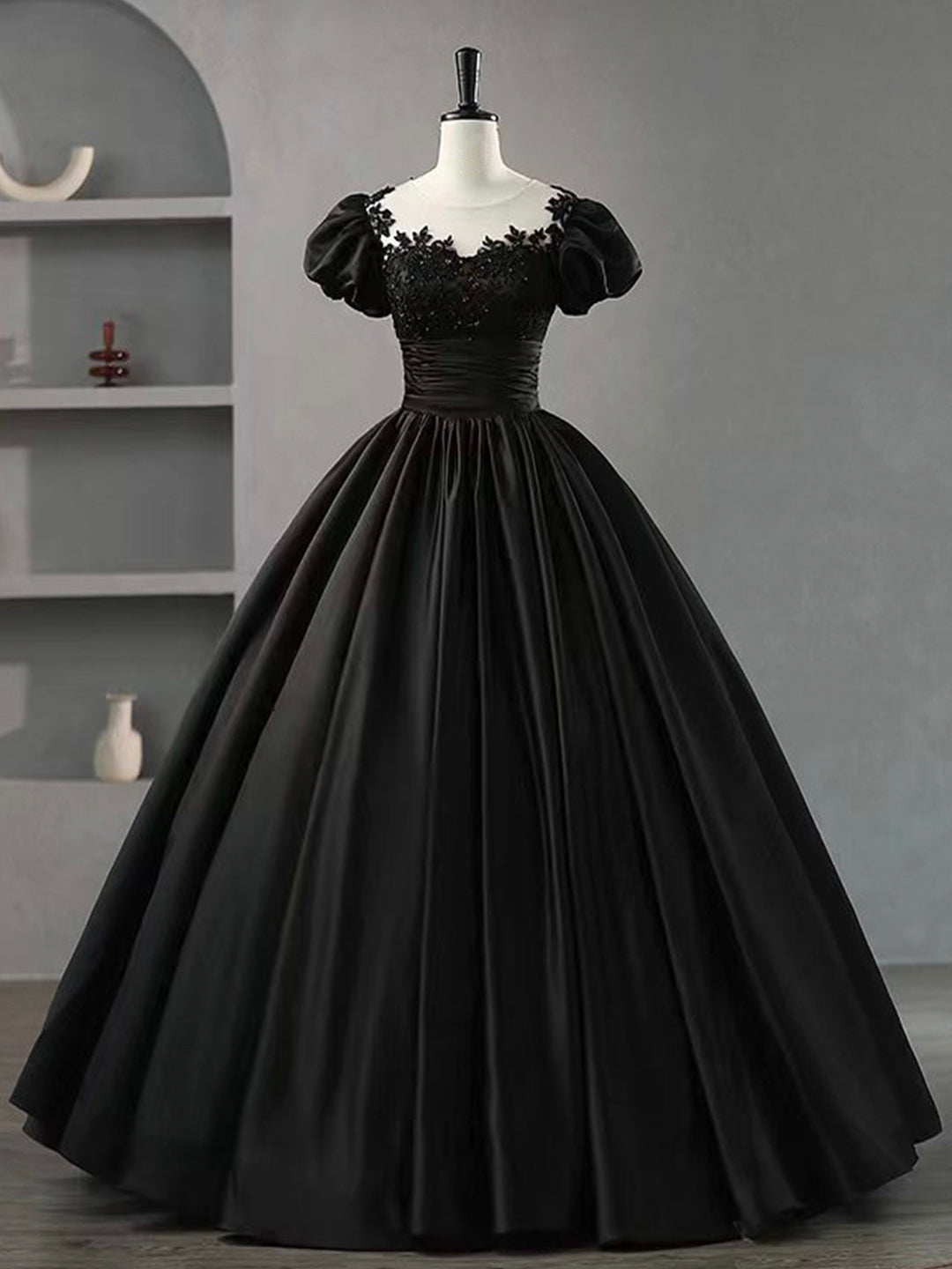 Black Scoop Neckline Satin Lace Long Prom Dress, A-Line Short Sleeve Party Dress