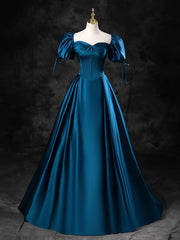 Blue Satin Off the Shoulder Floor Length Prom Dress, Blue A-Line Party Dress