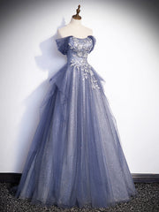 Charming Tulle Sequins A-Line Prom Dresses, Off the Shoulder Floor-Length Formal Dresses