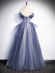 Charming Tulle Sequins A-Line Prom Dresses, Off the Shoulder Floor-Length Formal Dresses